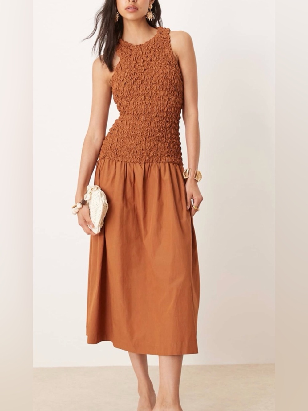 Mango crinkle textured drop waist dress in burnt orange